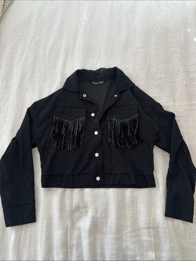 Black Studded Fringe Cropped Corduroy Jacket
